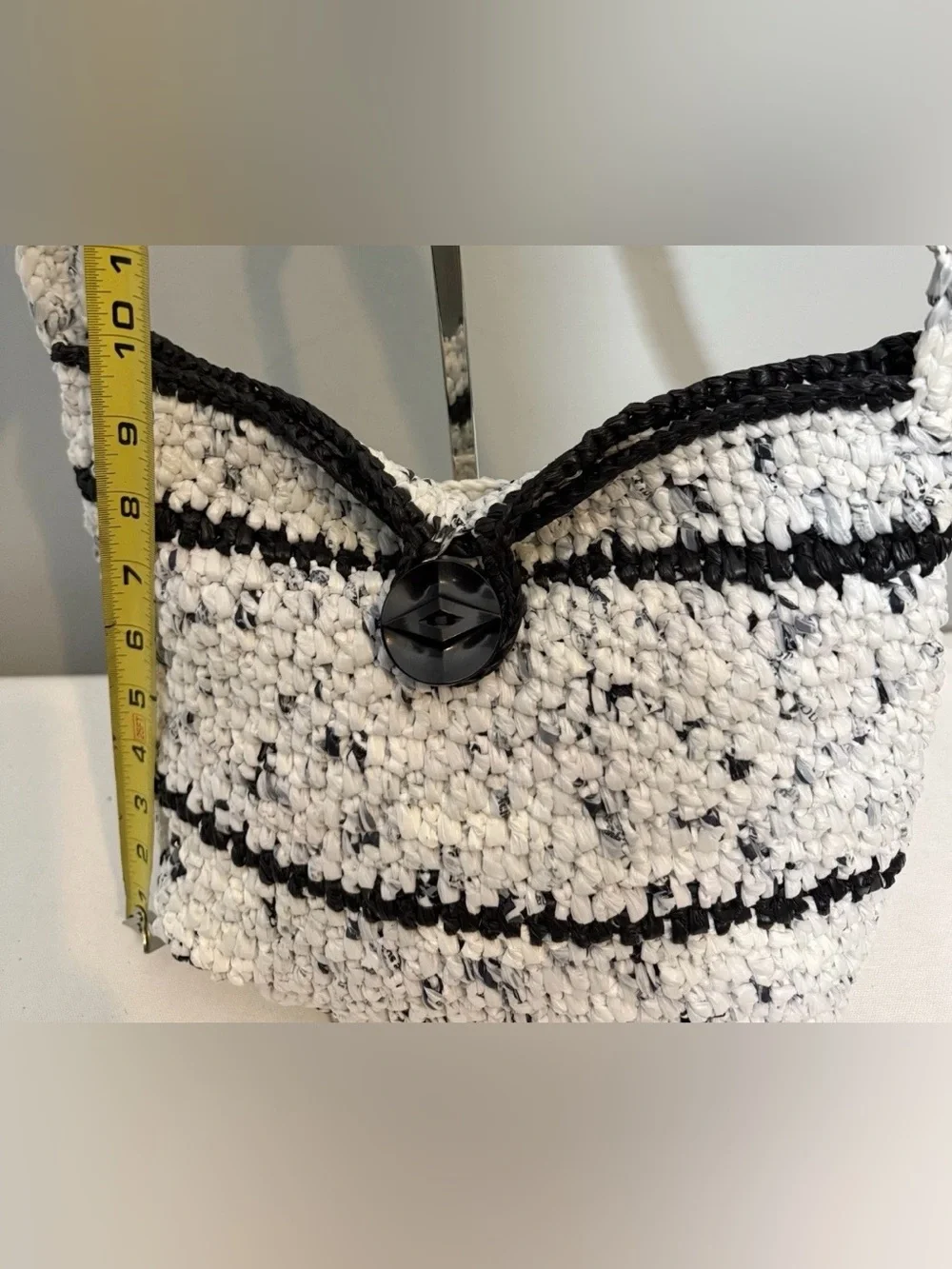 Crochet Hobo Bag Black White Stripe Boho Knit Shoulder Purse
